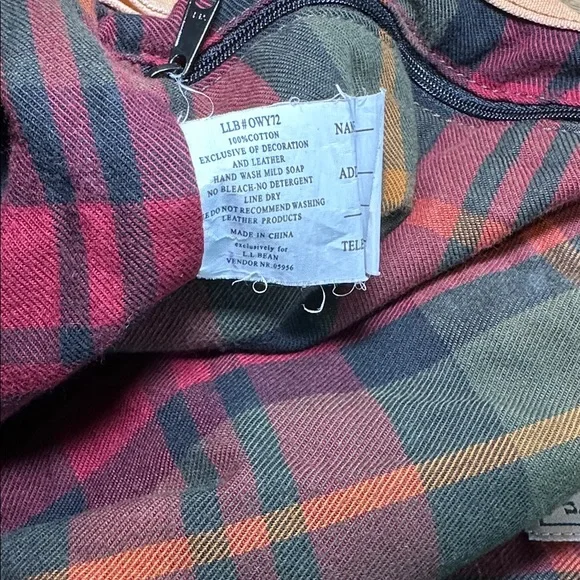 L.L. Bean Brown Green Flannel Lined Canvas Bag Boat & Tote Leather Handles - Picture 6 of 6